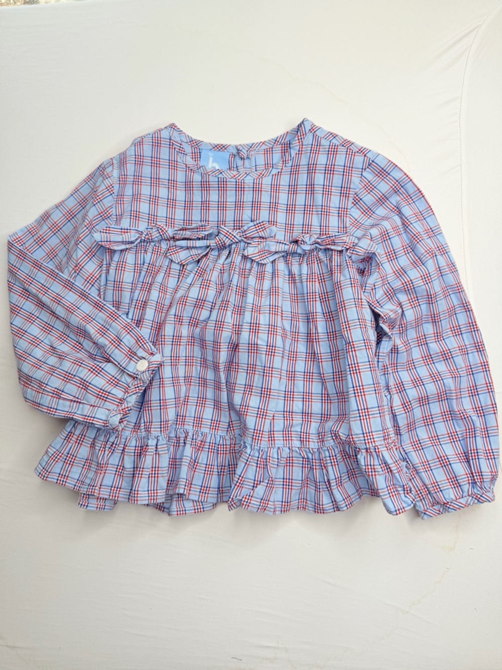 BELLA BLISS Preppy Americana Cotton Blue Plaid Ruffle Long-Sleeve Bow Top Size 8